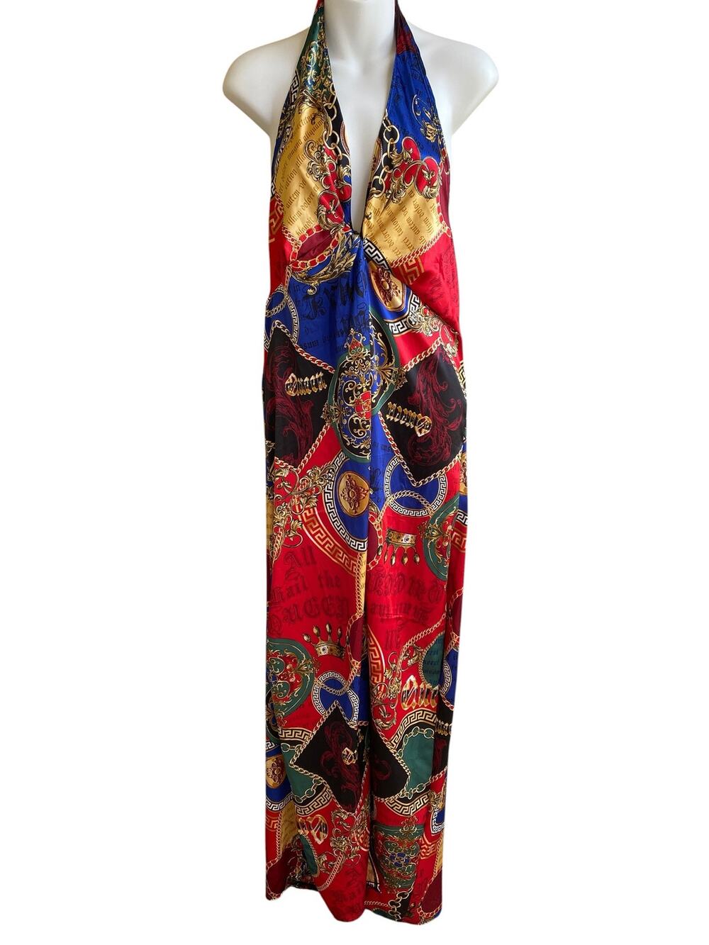 VTG Y2K Touch Me Baroque Scarf Print Halter Maxi Dress NWT USA Made Size XL